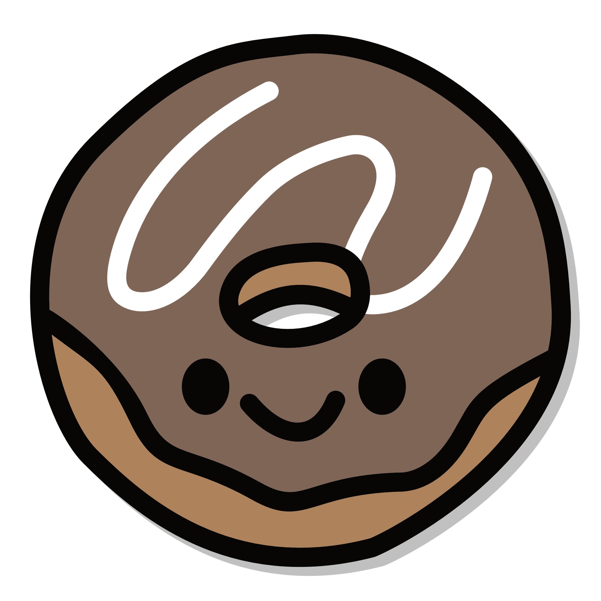 Illustration of a donut with chocolate glaze and a smiley face on a white background